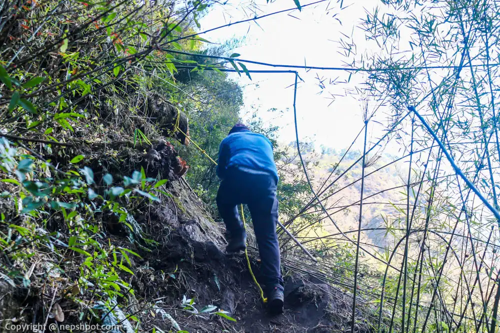 Walking on the way with carrying rope.