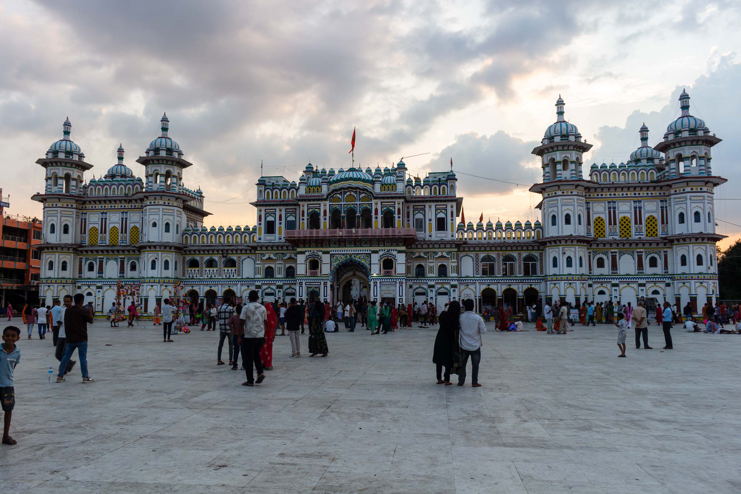 The Grand Facade of Janaki Mandir in Janakpur at Dusk.