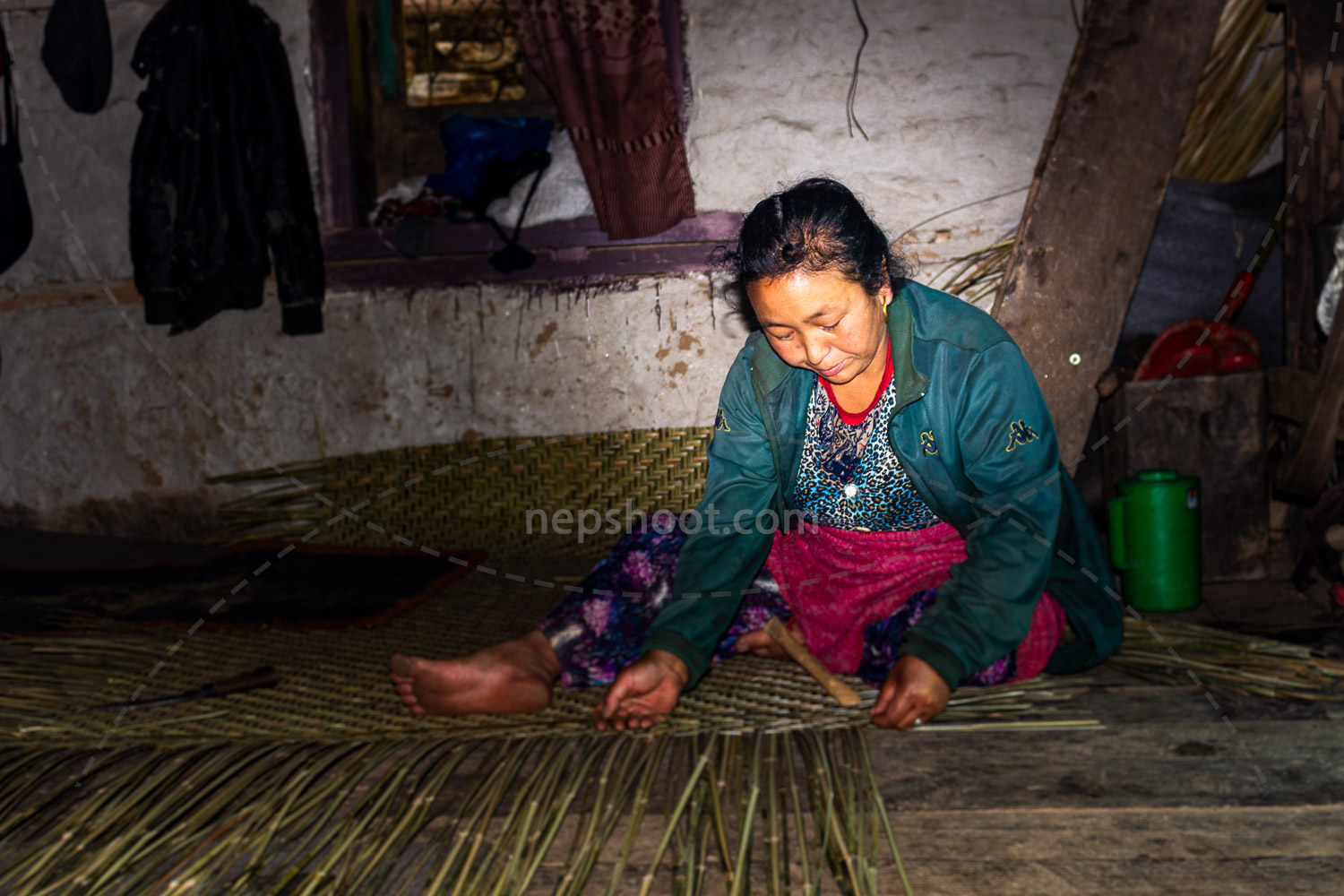 Woman Knitting Bamboo Carpet