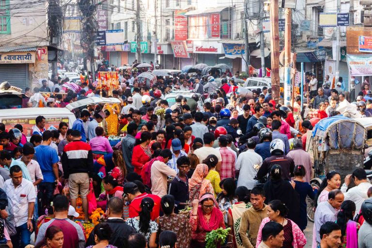 A Bustling, Crowded Street Market in Kathmandu During the Tihar Festival